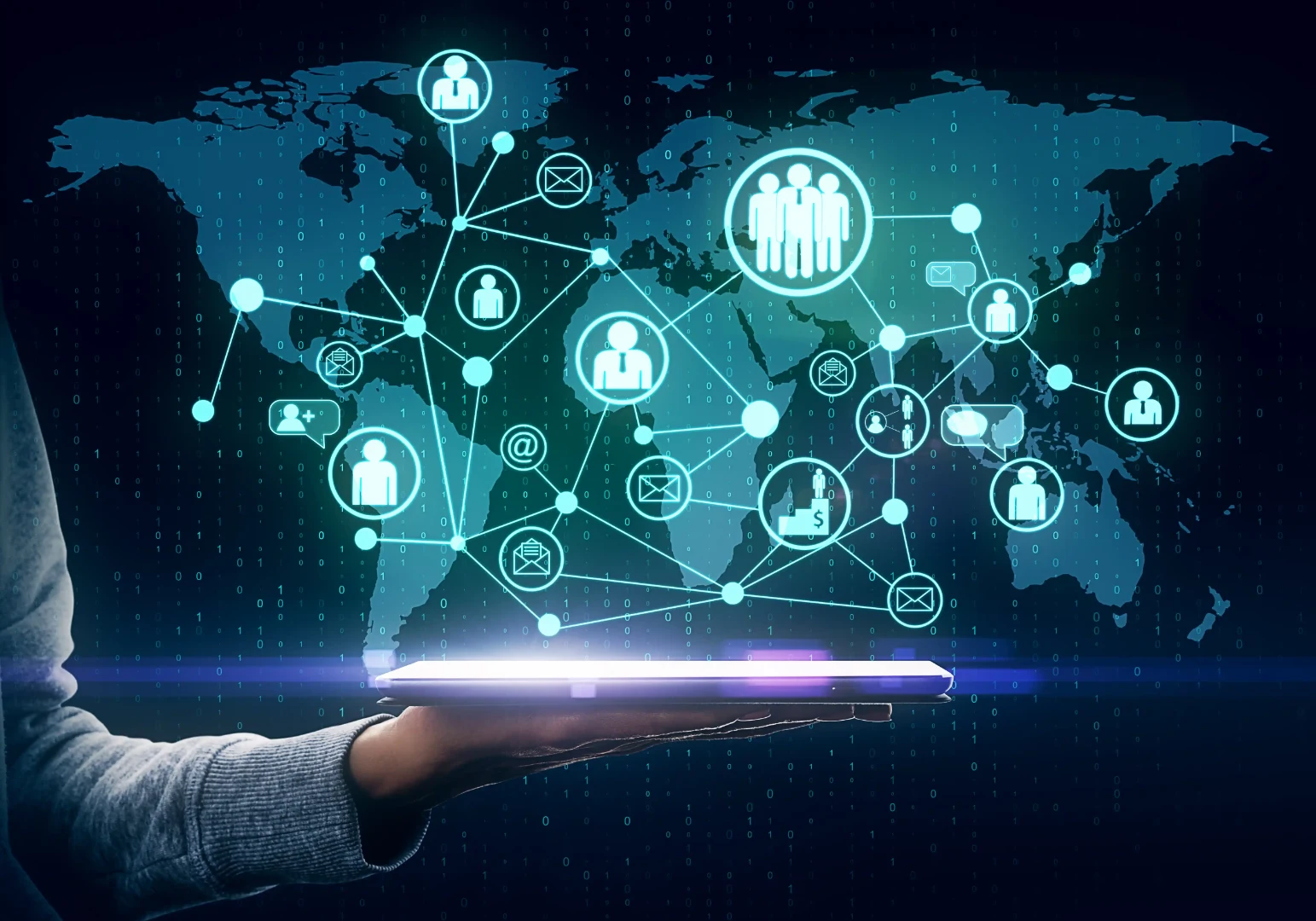 Global connections concept with hand holding a tablet